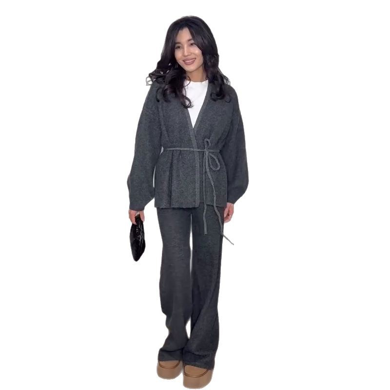 2025 nueva ropa de mujer Europa y América Amazon comercio exterior transfronterizo herringbone cardigan alto pantalón gris alto dos piezas