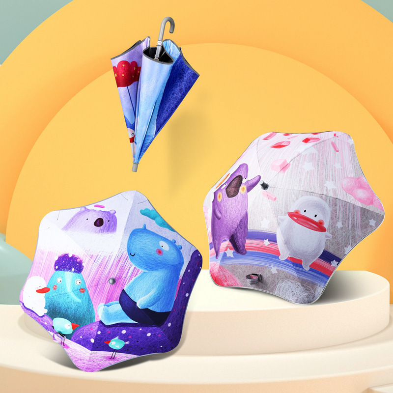 New Creative Cute Cartoon Children's Umbrella Rounded Anti-Poke Children and Students Reflective Long Handle in stock Sunny Umbrella Advertising