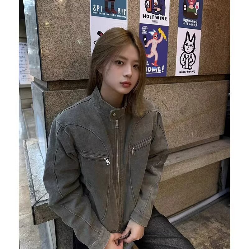 Cross-Border American Retro Washed Short Denim Jacket Men's Popular Niche Design Stand Collar Vintage Harrington