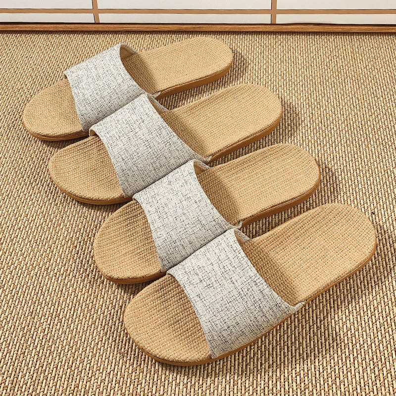 2024 new four seasons linen slippers women's home with couples indoor soft sole anti-slip cool summer slippers