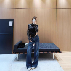 南油高端女装2025年早秋LOU*新款时尚长裤经典老花边阔腿牛仔裤女