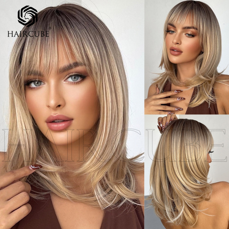 Wig Women's Wigs Long Straight Hair Head Gradient Color Golden Straight Bangs European and American Internet Red Wig Headgear Women's Elegant Wig Women's Wigs Long Straight Hair Head Gradient Color Golden Straight Bangs European and American Internet Red Wig Headgear Women's Elegant