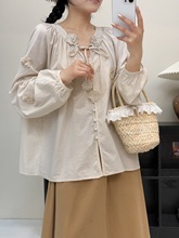 立体花朵系带长袖衬衫女 春装  日系森女系纯色减龄百搭套头上衣