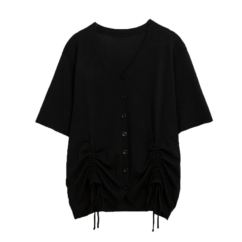 knitted Summer T-shirt Cardigan, plus size V-neck with drawstring, short sleeve