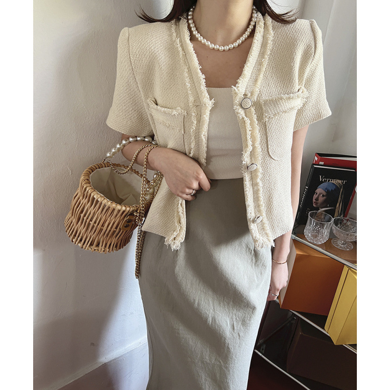 South Korea Ins Elegant Chanel Style Sakura Prune Tweed with Edge Round Neck Single-breasted Short-sleeved Cardigan Coat for Women