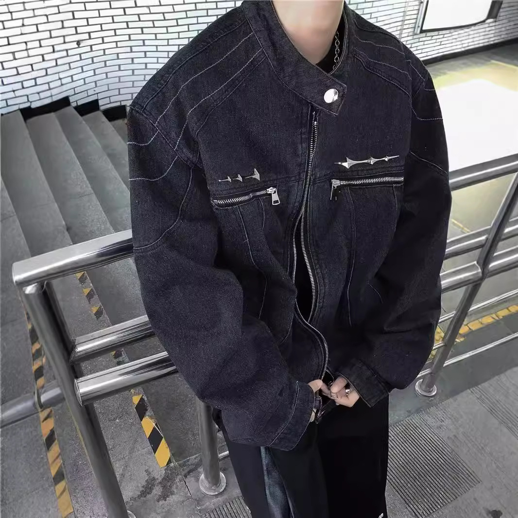 美式复古做旧水洗垫肩短款拼接牛仔外套潮牌金属设计感无领夹克男