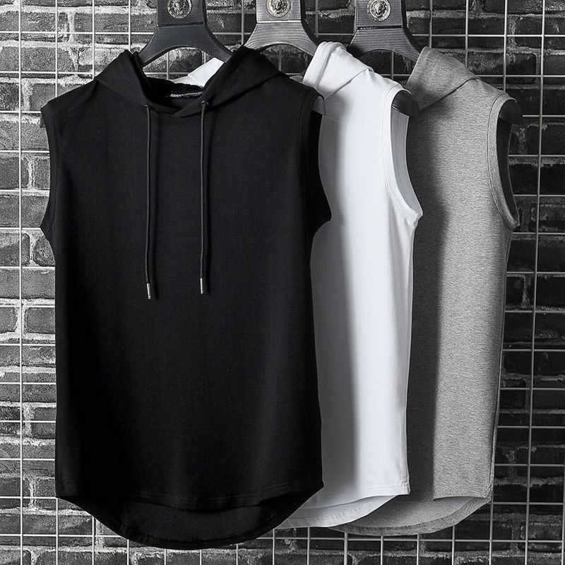 New sleeveless vest top men's casual T-shirt solid color hooded sweater lace-up T-shirt hip-hop men's sweatshirt