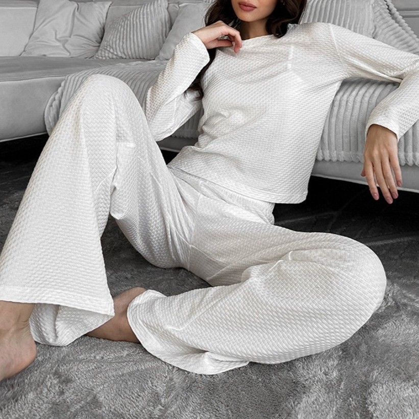 跨境圆领长袖长裤睡衣套装欧美2025冬季新款提花睡衣外贸家居服女