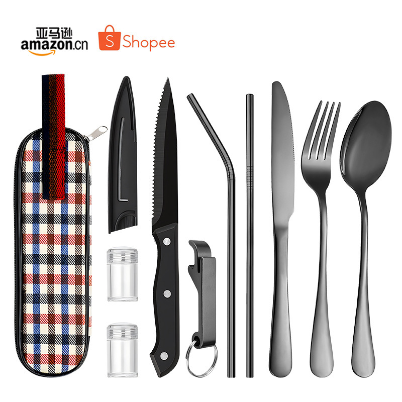Amazon Stainless Steel Tableware 8-piece Knife and Fork Spoon Steak Knife Sipe Bottle Straw Outdoor Travel Portable suit
