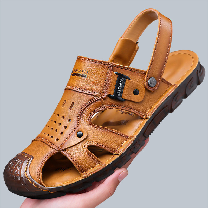 Dép sandal bít mũi nam da bò lớp đầu, đế mềm thân mềm, kiểu xỏ chân hai cách đi — G6951 màu nâu vàng, G6951 màu đen