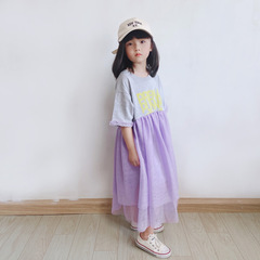 ANKRT 夏季女童長款寬鬆日系森女休閒針織拼紗花邊連衣裙兒童裙子
