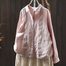 女士早秋新款衬衫双层棉纱蕾丝拼接文艺复古气质宽松衬衣女装