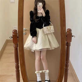 法式黑色长袖连衣裙女秋冬小个子感富家千金公主蓬蓬礼服短裙