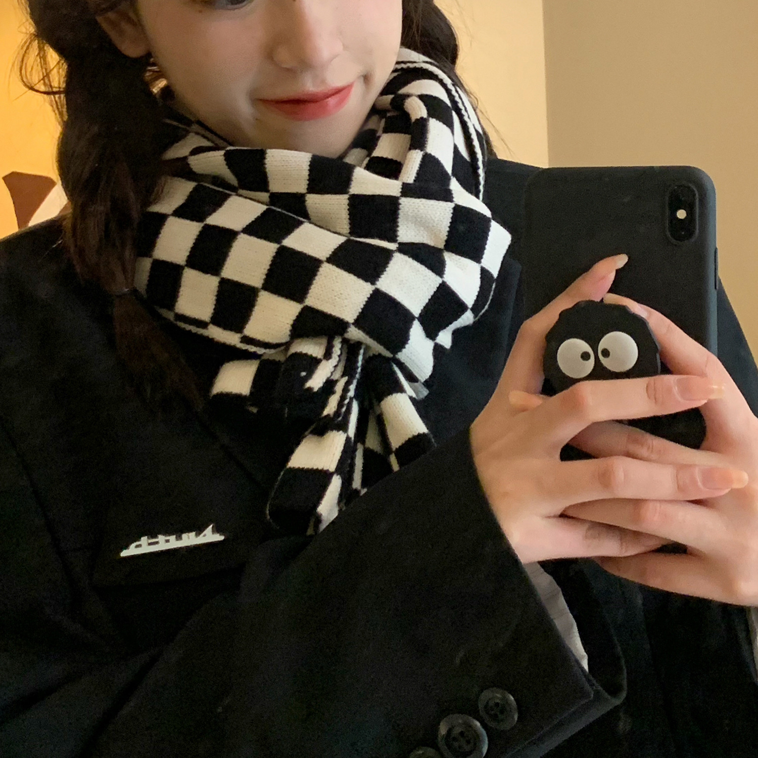 Net Red In Checkerboard Scarf Female Student Couple Winter Black And White Plaid Korean Version All-match Autumn And Winter Warm Scarf Long