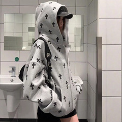 美式复古设计感十字架印花连帽卫衣女秋冬慵懒风ins宽松拉链外套