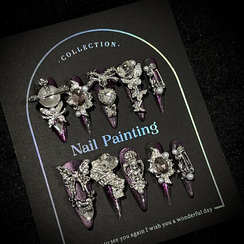 Purely Handmade Wearable Nails, High-End Dark Cat-Eye Long-Pointed Manicure Patches, European and American Heavy Industry Gothic Fake Nail Patches