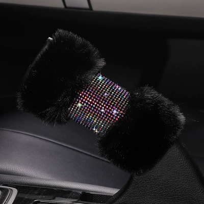 winter steering wheel cover diamond-embedded: Sürətlər qutusu və əl tormozu başlıqları - colored-diamond-black-fur-hand-brake-cover