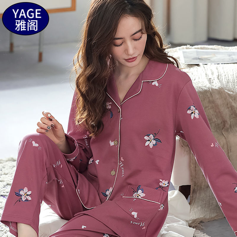 Pijamas de algodón puro Primavera y otoño de las mujeres de manga larga más tamaño cardigan traje de mediana edad y ancianos madre pijamas Otoño e Invierno