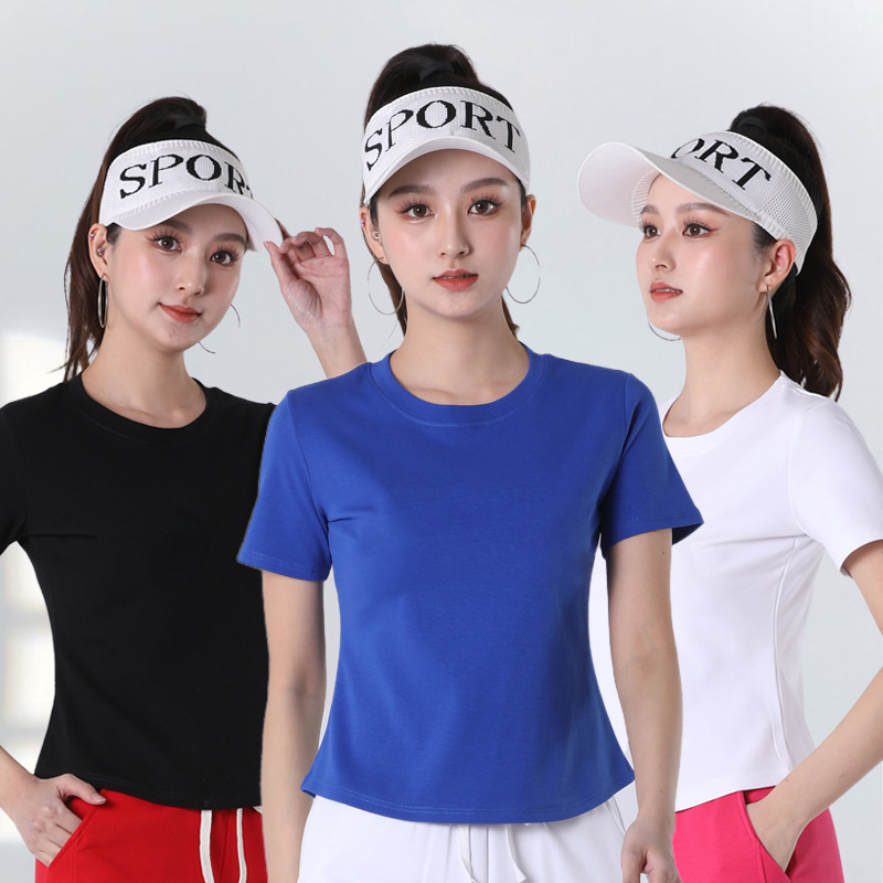 New summer square dance sports top, casual wear, round neck, solid color short-sleeved t-shirt, dance clothes for women.