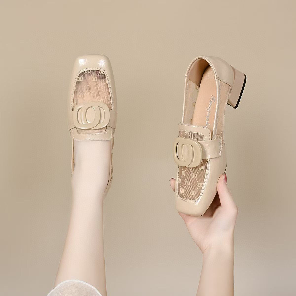 Sandal lười nữ mũi vuông gót thấp chất liệu da phối lưới thoáng khí — màu đen