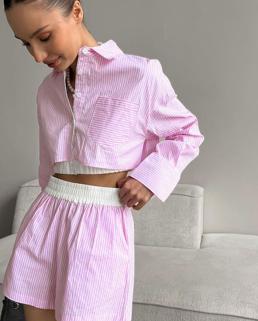 Striped Shirt Long Sleeve Ladies Two Piece Set Casual Elastic Waist Shorts Suit Summer