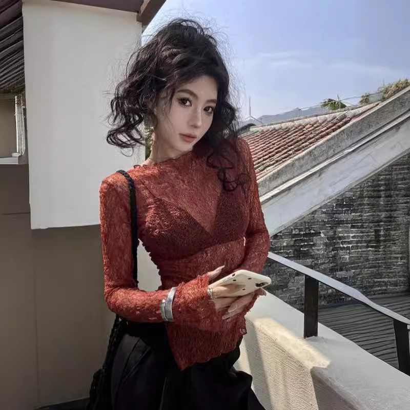 Lace Perspective Crewneck Long-sleeved T-shirt Women's Spring and Autumn High-end Slim-fit Sexy Spice Girl Irregular Sun-protective Shirt Top