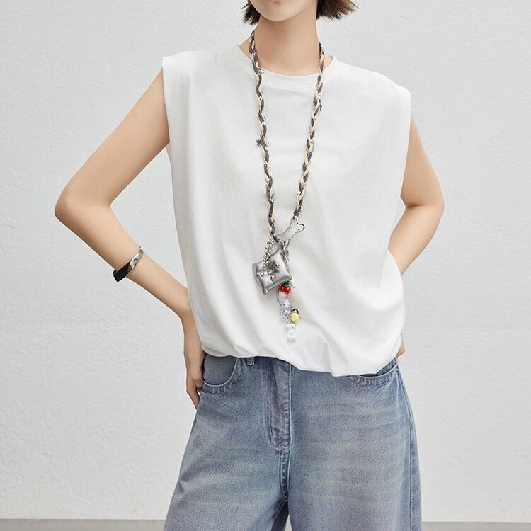 Meiyang Wave Vest Tencel Cotton Row Style Casual Round Neck Sleeveless Flower Top-Tuesday