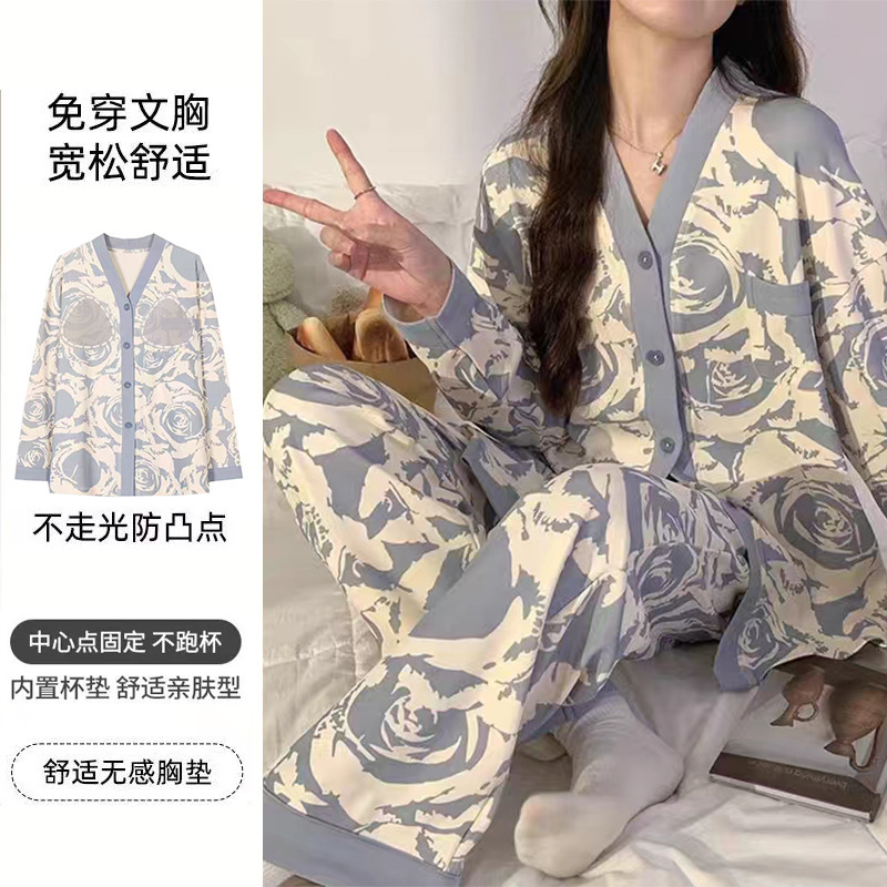 睡衣女款春秋季长袖长裤纯棉带胸垫卡通可爱冬天甜美可外穿家居服|undefined