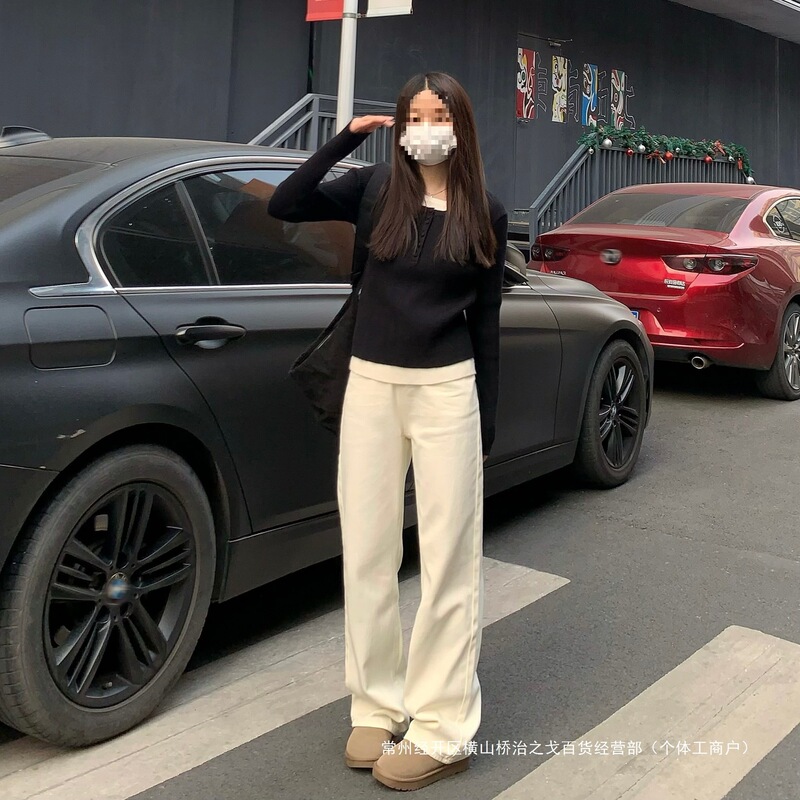 クロスボーダーオフホワイトストレートジーンズ女性用2025春新作ハイウエストスリムドレープナローバージョンワイドレッグ|undefined