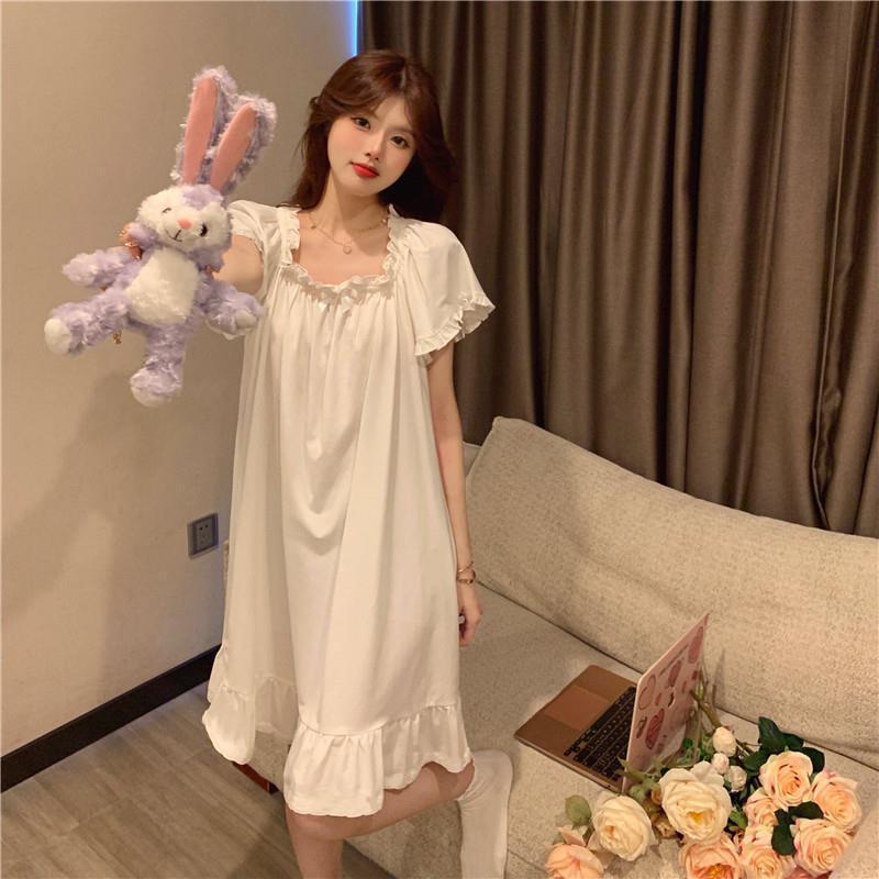 Fairy Pajamas Women's Nightgown Princess Style Summer 2024 Sweet Ruffled Short Sleeve White Nightgown Home Clothes Summer