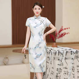 高订重磅杭州真丝旗袍复古气质中长款年轻新中式送考桑蚕丝连衣裙