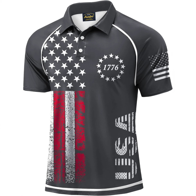 Mainfini Men's Patriotic Polo Shirt Stretch Upf 50+ Short Sleeve Raglan Sleeve American Pattern Golf
