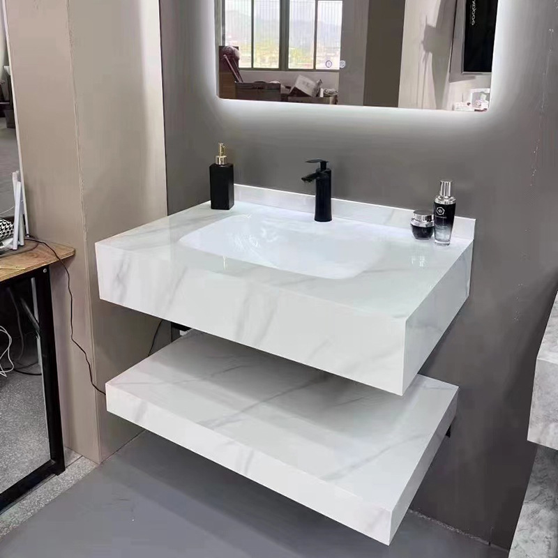 Modern stone slab countertop hanged edge ceramic seamless undermount basin bathroom wall-mounted cabinet integrated sink