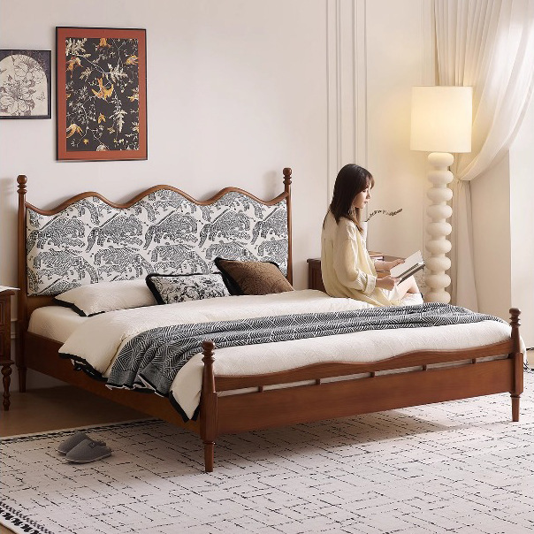 Cama de madera maciza francesa, estilo retro, 1.8m de diseño, cama doble, muebles de dormitorio, cama de boda medieval.