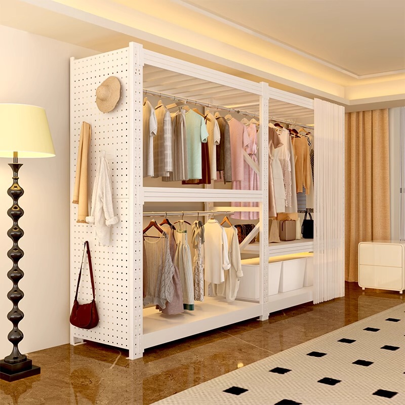 Open-Style Wardrobe Rack with Curtain, Thickened Multi-Layer Storage Rack for Rental Apartments, Simple Coat Rack