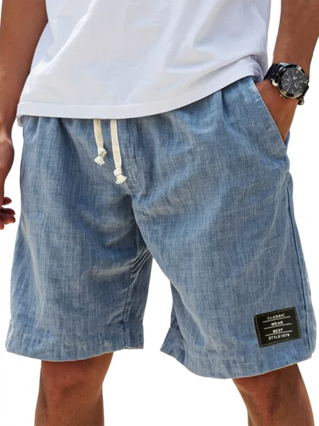 2026 New Amazon Cross-Border Linen Solid Color Embroidered Black Label Shorts Men's Summer Loose Beach Pants