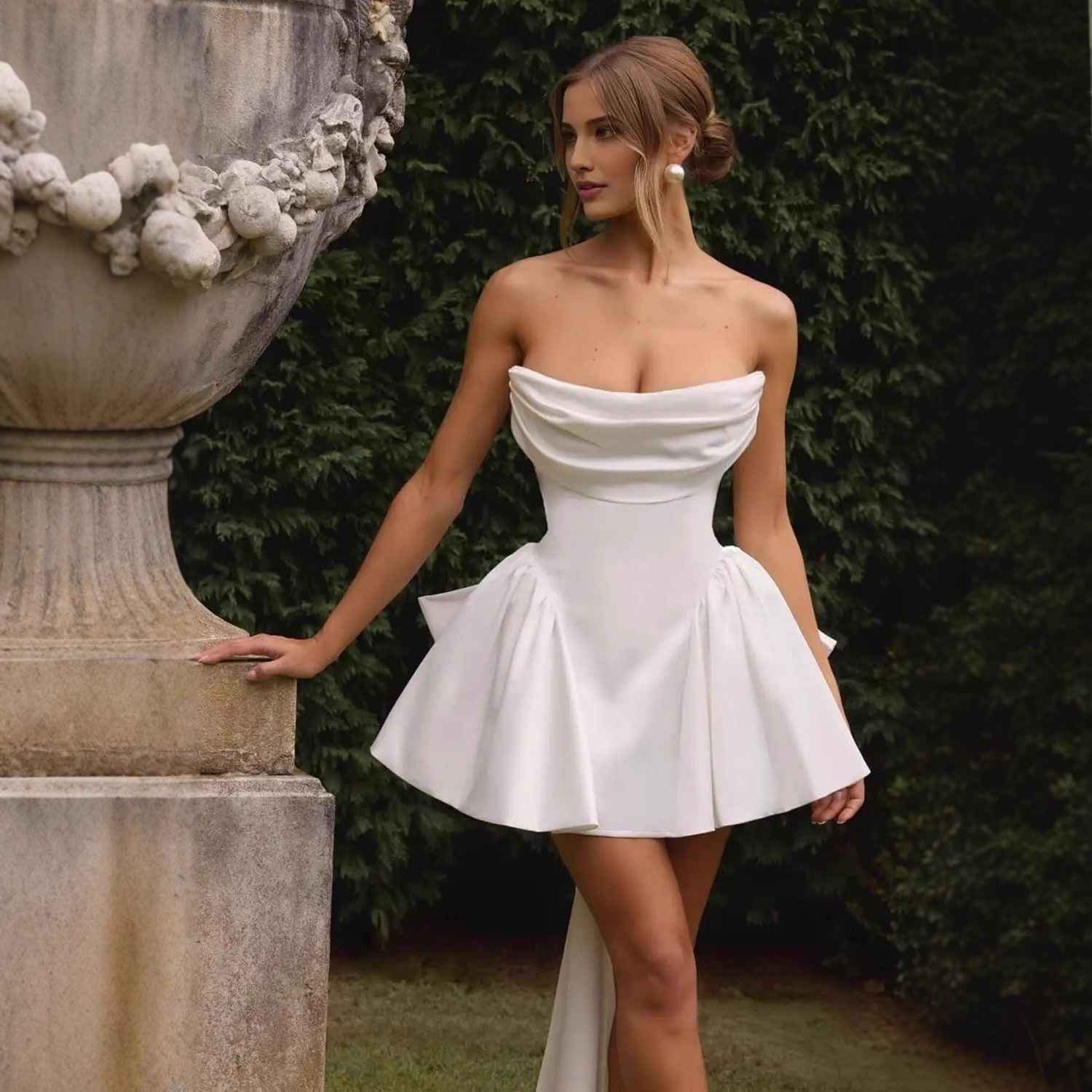 外贸纯色抹胸晚礼服小个子短款宴会派对生日修身性感礼服裙简约风