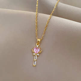 爆款最新抖音钛钢粉钻爱心魔法棒项链男女饰品时尚个性网红欧美