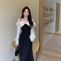 大码早秋气质露肩连衣裙女2025新款胖妹妹遮肚显瘦法式赫本风裙子