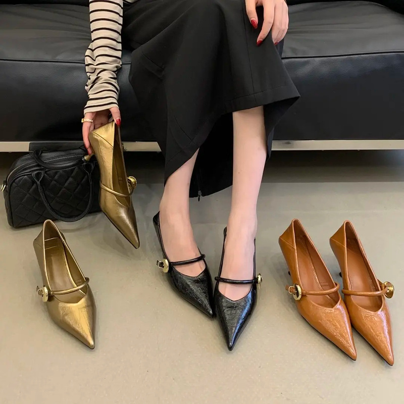 Dropshipping available~ Pointed-toe shallow single shoes for women, stiletto Mary Jane shoes, French-style elegant commuting high heels with soft soles
