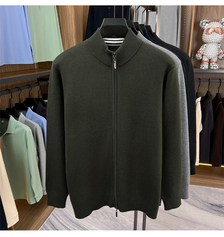 Áo len cardigan nam Haggis 100% len dày dặn có khóa kéo dệt kim cổ đứng — màu đen chi tiết 11