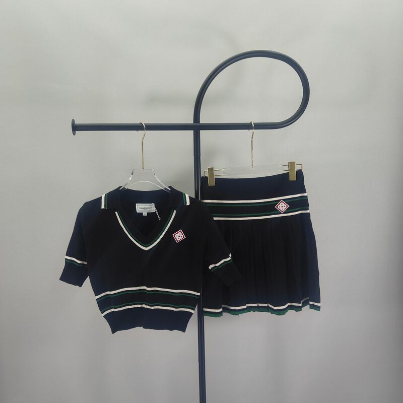 Casa Women's Set V-Neck Knitted Color-Block Striped Short-Sleeve Top + Pleated Short Skirt Two-Piece Set Cross-Border European and American Style
