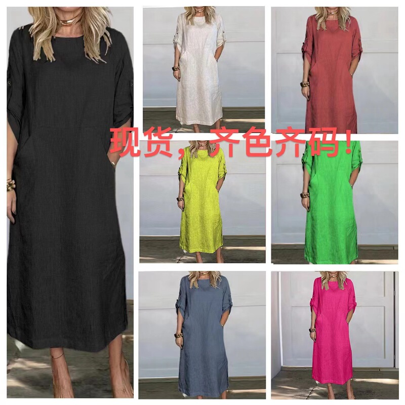 New 2024 Summer Wind Loose Casual Solid Color Short-sleeved Cotton and Linen dress