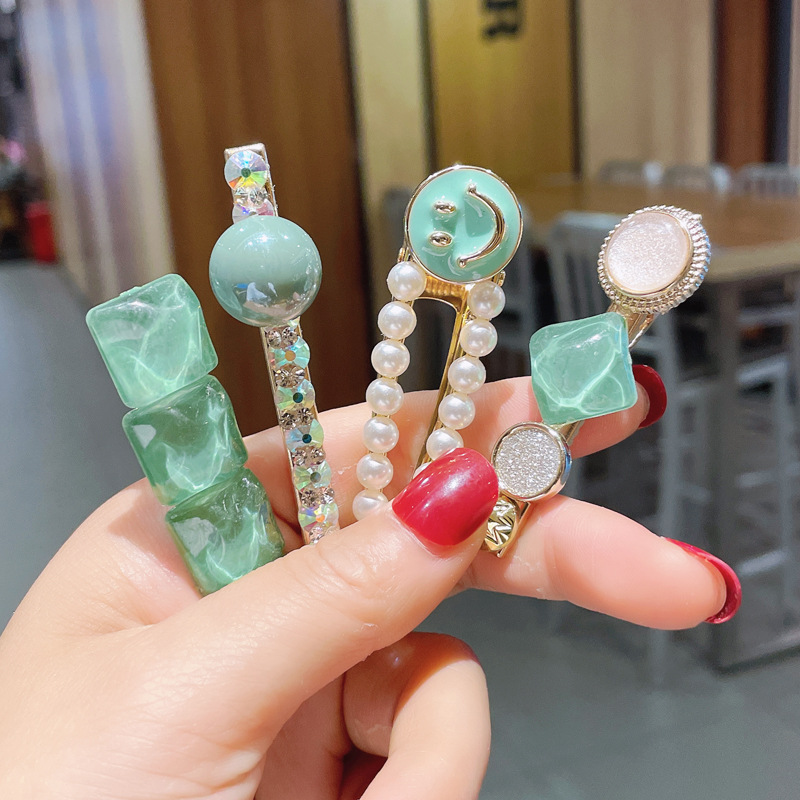 Korean pearl smiley face green sixpiece hairpinpicture3