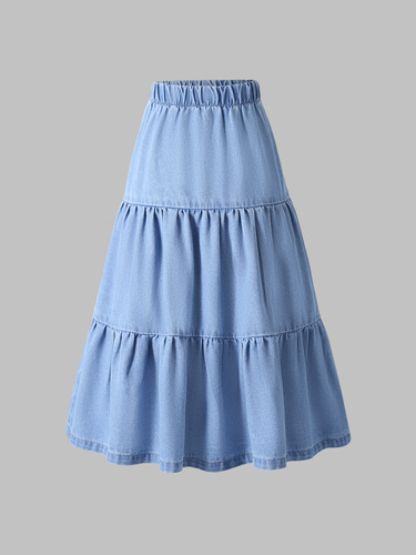 Retro Elastic Waist Patchwork Denim Half Skirt for Women Spring Summer Slimming Medium Length A-line Umbrella Skirt Multi-layer