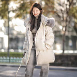 大毛领连帽羽绒棉服女2025冬季新款加厚灰色外套宽松面包服棉衣女