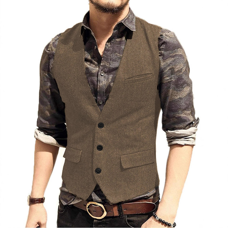 European and American Cross-Border Amazon Hot-Selling Men's Spring and Autumn New Casual Vest Herringbone V-Neck Sleeveless Jacket