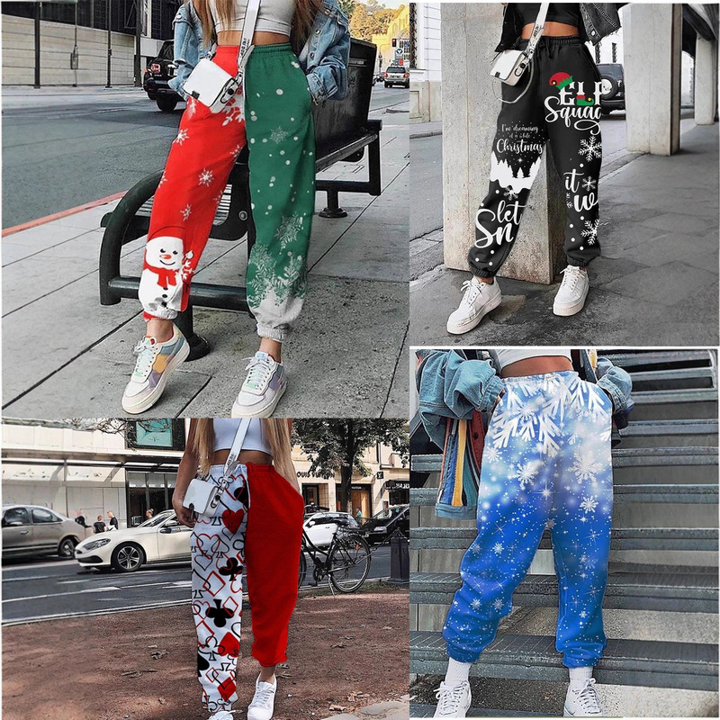 Cross-Border European and American Style Women's Long Pants Autumn and Winter New Fashion European and American Women's Clothing Christmas Print Loose Fitness Sports Pants