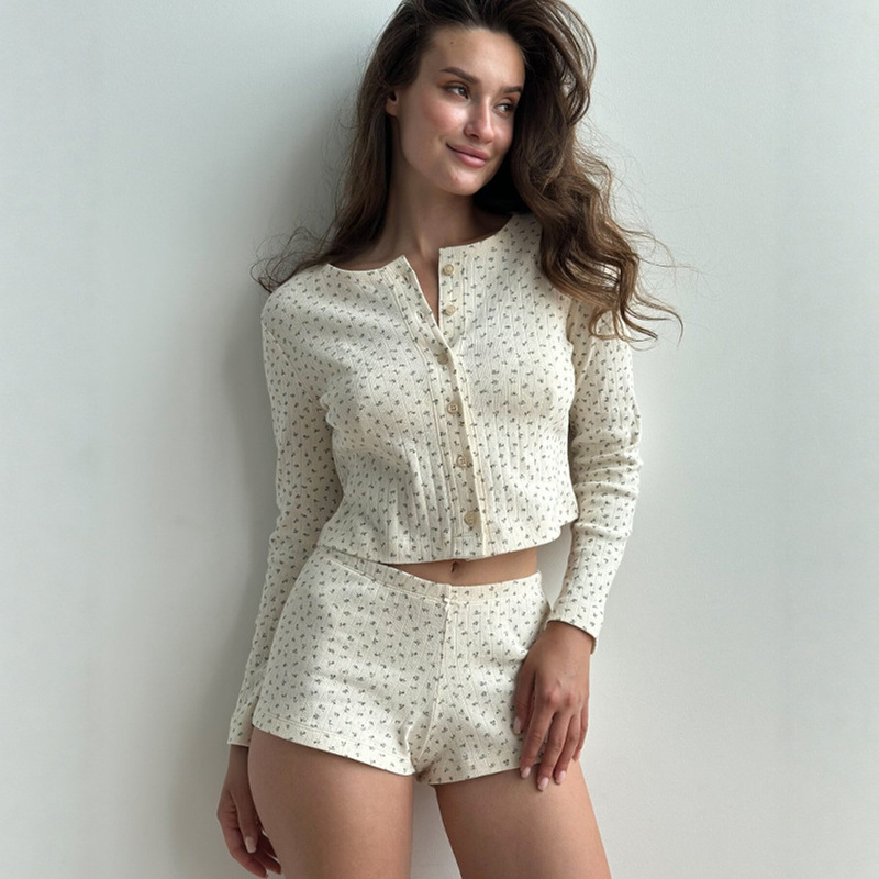 Jacquard Knit Long-Sleeved Shorts Comfortable Pajamas Two-Piece Set 2025 Cross-Border European and American Summer New Knit Loungewear Jacquard Knit Long-Sleeved Shorts Comfortable Pajamas Two-Piece Set 2025 Cross-Border European and American Summer New Knit Loungewear