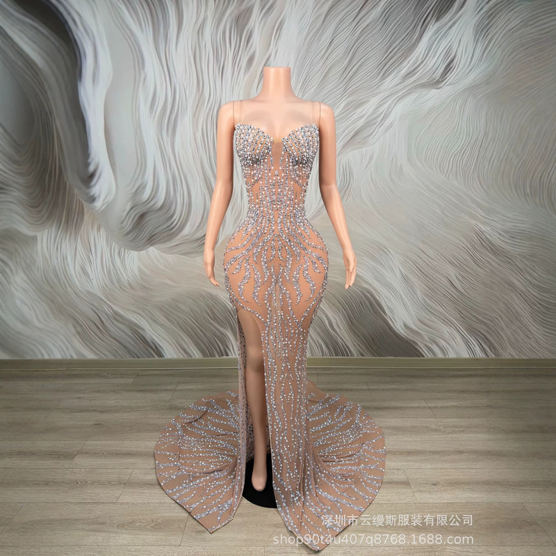 Nude sheer mesh spaghetti strap mermaid gown with train, evening dress for dinner parties, annual meetings, red carpet, and runway shows, light luxury and sexy dress